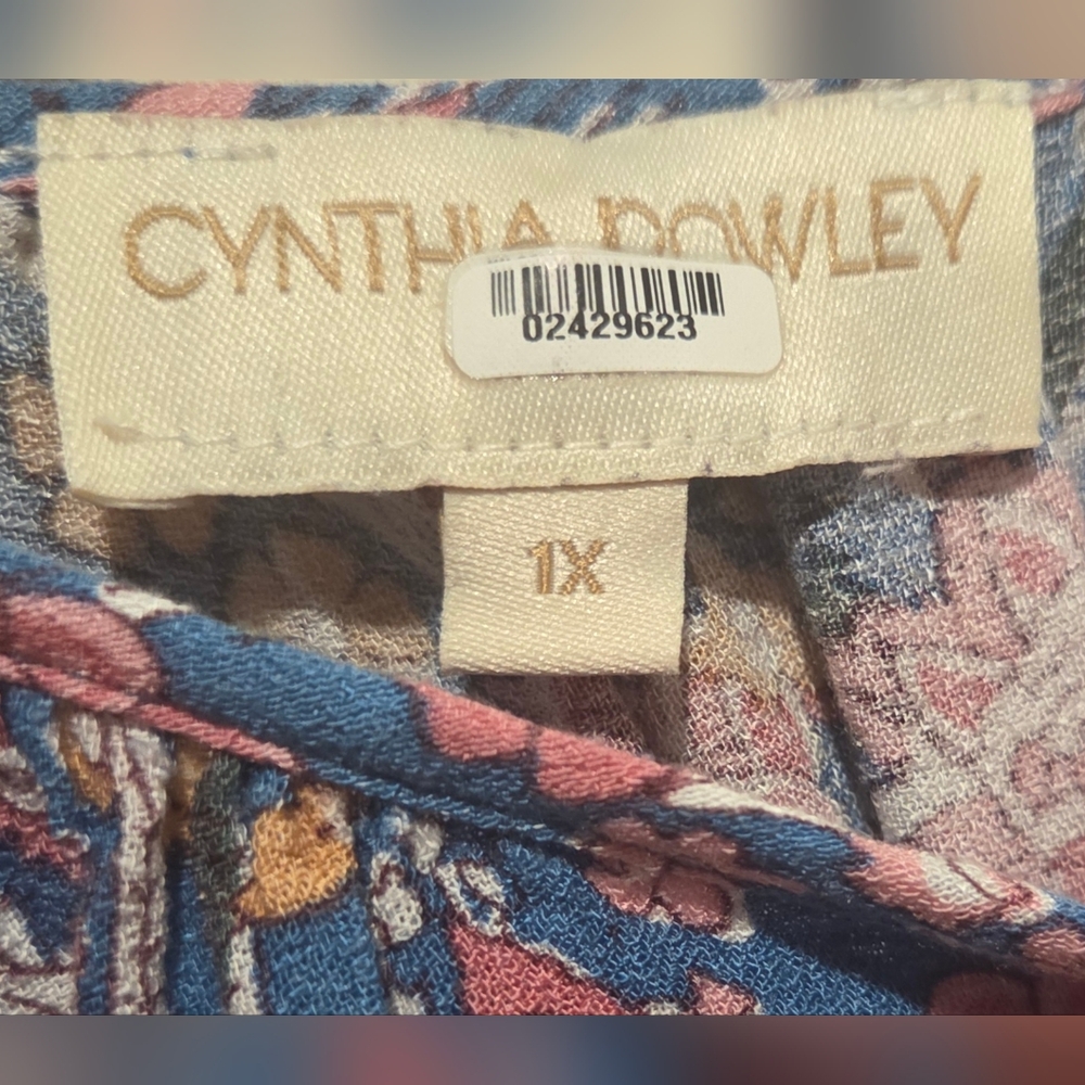 Cynthia Rowley Blue Floral Boho Peasant Top with Pink Accents - Picture 2 of 6